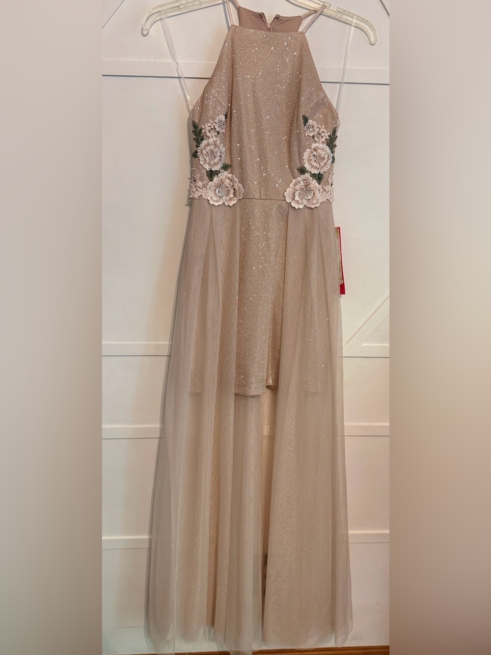Social Couture Champagne Floral Appliqué Tulle Dress
